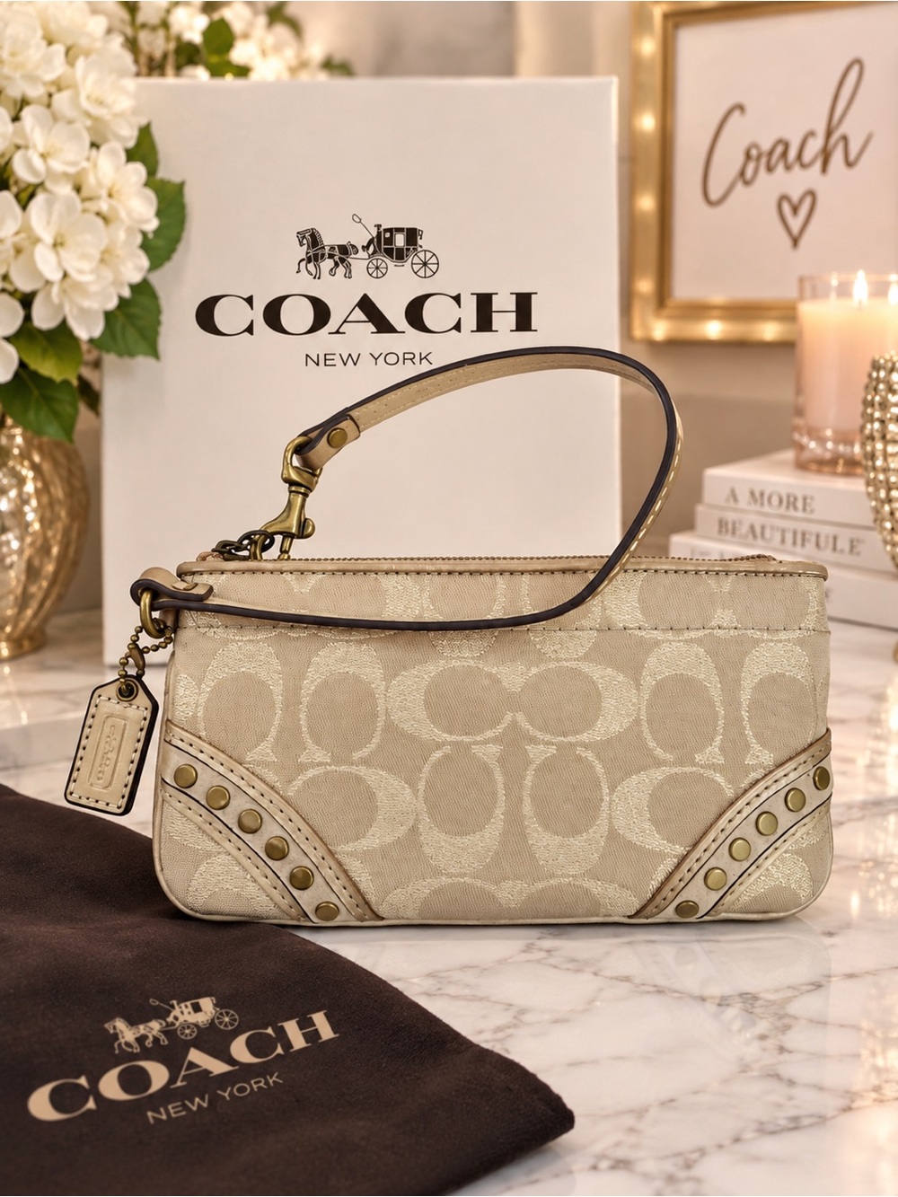 Coach Gold Lurex Signature Patent Jacquard Wristlet with Stud Accents